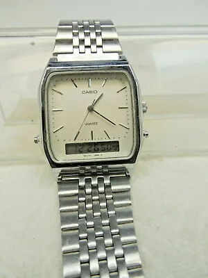 Vintage UNISEX Watch CASIO AQ-303 Analog-Digital Quartz Dual Time WHITE DIAL • $54.95