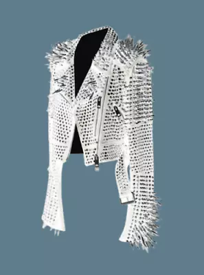 Men White Rock Punk Silver Long Spiked Studded Leather Brando Biker Jacket • $287.99