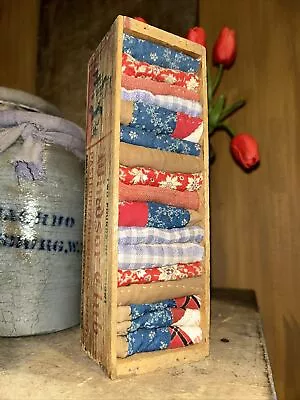 Old Wooden Cheese Box Blue Calico Red Linsey Woolsey & Homespun Quilt Scraps • $21.50