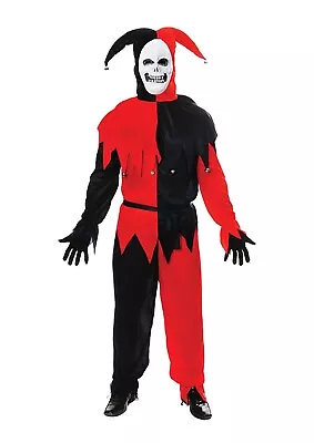 Adult Evil Jester Red & Black Mens Scary Clown Halloween Fancy Dress Costume • £18.95