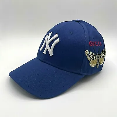 Gucci Unisex Blue Cotton NY Yankee Butterfly Embroidery Baseball Hat 538565 4300 • $349.99