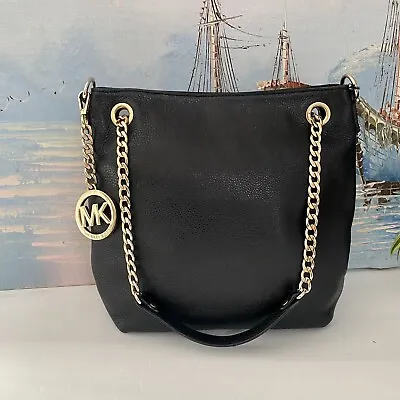 Michael Kors Jet Set Shoulder Bag  Medium Black Leather Tote Chain Handle • $71.89