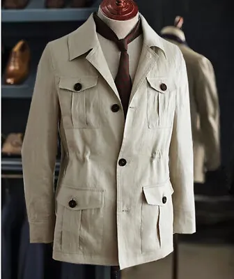 Men's Linen Safari Jacket Slim Vintage Business Casual Work Hunting Coats Beige • $123.19