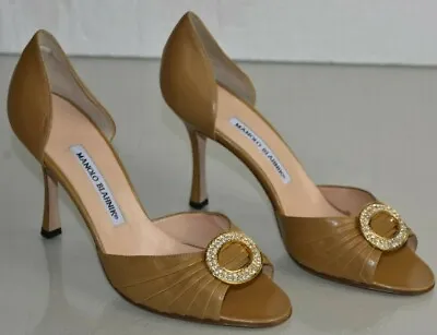 $775 NEW Manolo Blahnik SEDARABY Camel Beige Leather Jeweled Heels Shoes 38.5 41 • $415