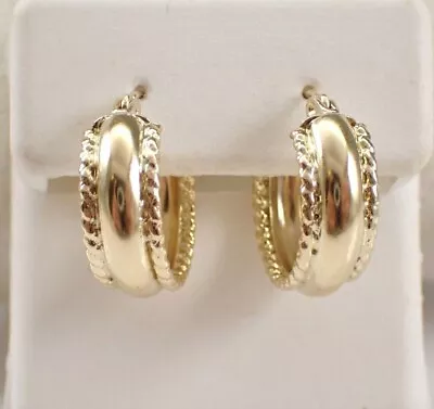 14K Yellow Gold Plated Women Huggie Vintage Earrings Little Wide Hoops - Estate • $110.59