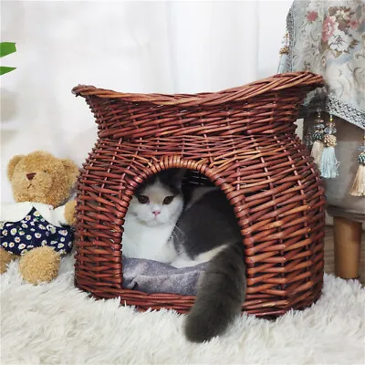 £27.91 • Buy Wicker Cat Cave House Raised Bed Basket Kitten Tower Pet Den Calming Chair W/Mat