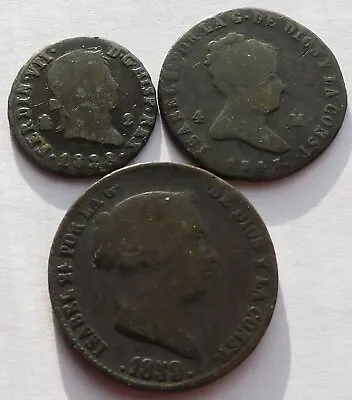 3 Spain Coins 1828 2 Maravedis 1847 4 Maravedis 1859 25 Real Cents Espana • $24.50