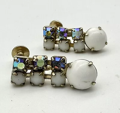 Vintage Milk Glass & Crystal Earrings Screw Backs 1” Long • $10