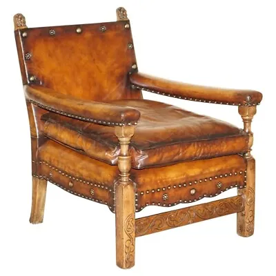 Fully Restored Edwardian Circa 1910 Hand Dyed Brown Leather Lion Carved Armchair • $3667.88
