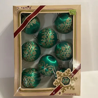 $13.99 • Buy Vintage 8 Satin Sheen Pyramid Christmas Ornaments Green & Gold Glitter In Box!