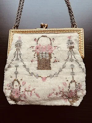 1920s Beaded Purse Basket & Flower Motif Chain Handle Lined Made In France • $75