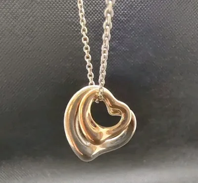 Tiffany & Co Elsa Peretti 18k Gold & Sterling Silver Double Open Heart Necklace • $395