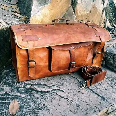 Men Handmade Vintage Brown Leather Luggage Weekender Overnight Travel Duffel Bag • $67.88
