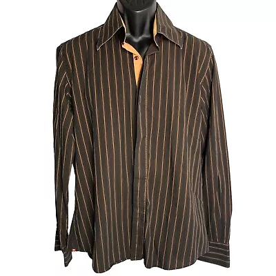 7 Camicie Button Down Long Sleeve Shirt XL Brown Stripes Slim Fit Hidden Placket • $24