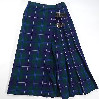 VINTAGE FLORENCE WALSH BLUE GREEN PLAID PLEATED MIDI KILT  SKIRT 22  Waist 27  L • $14.95