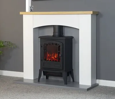 Electric Fire Stove Oak White Mantle Grey Fireplace Logs Surround Suite Bnib • £344.95