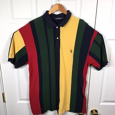 Vintage 90s Nautica Striped Polo Shirt Color Block 100% Cotton Size XL • $19.95