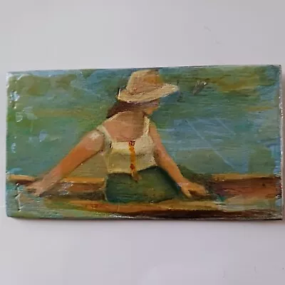 Vintage Oil Painting Woman Boat Canoe Portrait Unsigned Miniature 4 1/4 X 2 1/4 • $75