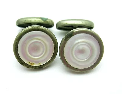 MOP CUFFLINKS MEN'S Vintage Silvertone Round Buttons Mother Of Pearl Shell • $11.24