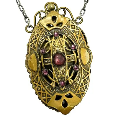 Antique 1920s Brass Vinaigrette Chatelaine Hinged Purple Stones Egyptian Scarab • $334.71