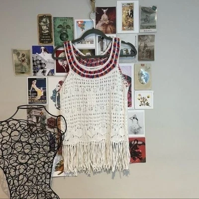 £20.45 • Buy Minnie Rose Rainbow Ribbon Lace Crochet Fringe Boho Hippie Scoop Neck Tank Top L
