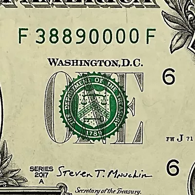 Four In A Row 0s Fancy Serial Number One Dollar Bill F38890000F FW Trailing 0s • $7.95