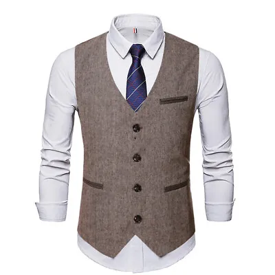 Vest Mens Slim V-Neck Waistcoat Tweed Hunting Vintage Herringbone Wool Retro • $29.43