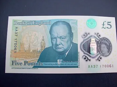 Bank Of England: 2017 One Uncirculated AA37 170061 Polymer £5 Banknote • £9.75