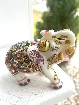 5” White Marble Elephant Figurine Floral Handmade Painting Idol Home Decor Gift • $44