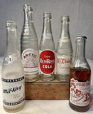 Nice Lot Of 5 Antique Vintage ACL Soda Advertising Bottles Red & White USA Orig • $34.99