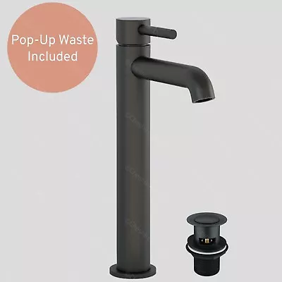 Tall Black Bathroom Basin Sink Tap Mono Mixer Round Modern Faucet + Waste • £34.99