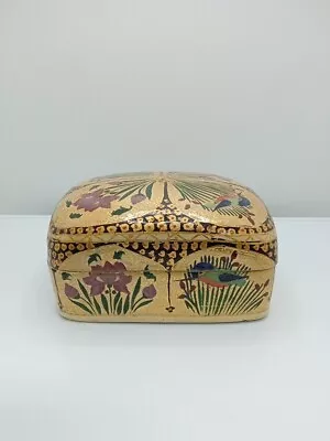Vintage Kashmir India Hand Painted Lacquered Paper Mache Lidded Trinket Box • $25