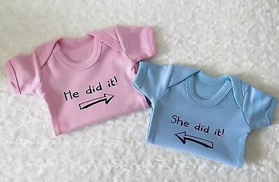 He Did It/She Did It Twin Baby Vests Gifts For Twin Babys Baby Shower • £20