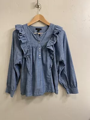 J Crew Women’s Size 4 XS Blue Chambray Ruffle Front Henley Cotton Blouse • $17.95