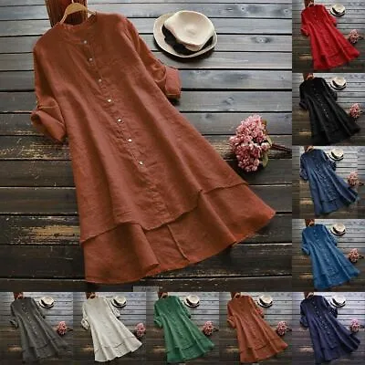 Plus Size Womens Cotton Linen Shirt Dress Ladies Baggy Loose Long Tops Blouse • £10.09