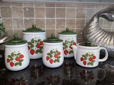 Vintage Nelson McCoy Strawberry Country Signed Set Of Canisters And Tea Pot • $50