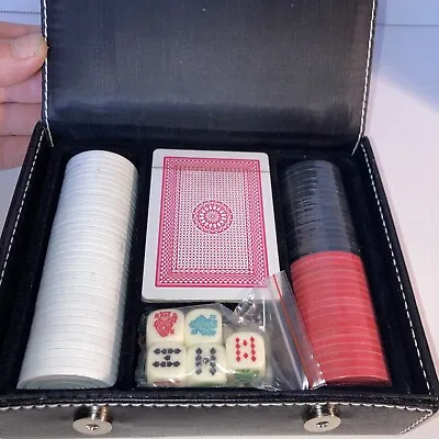Vtg NIB ONS Poker Chip Set Complete Mini Travel Cards Dice Gamble Faux Leather • $20