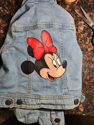 Hand Painted-disney-child's Denim Jacket Size 4 Girls Xs. Features Minnie MOUSE • $7.50