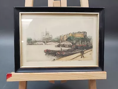 Vintage French Penciled Color Prints Cityscape Bridge Boat Decor • $29.99