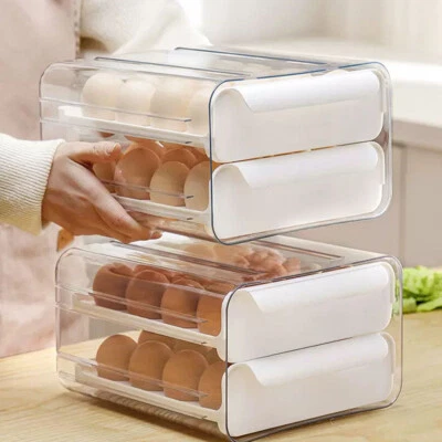 Double-Layer Egg Box Drawer Type Fresh-Keeping Storage Container Stackable White • £7.95