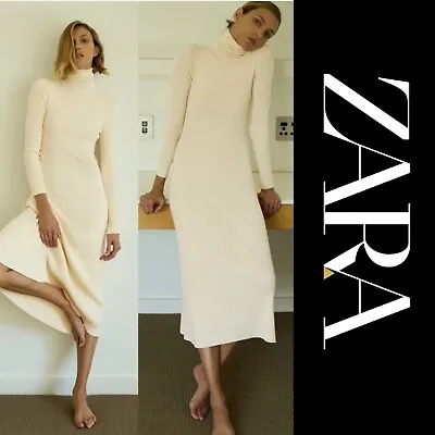 $38 • Buy Zara Rib Knit Turtleneck Midi Sweater Dress Size Small In Cream