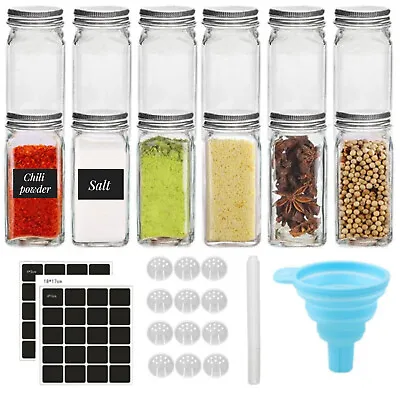 12X Spice Jars Bottles Airtight Salt Container Square Glass Seasoning Pots+label • £10.99