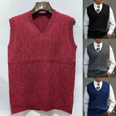 Mens Knitted Vest V-Neck Sleeveless Jumper Tank Coat Waistcoat Gilet Sweater Top • £7.20