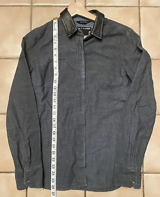 Rag & Bone Chambray Button Shirt Women Small Black 100% Lambs Leather Collar USA • $23.99