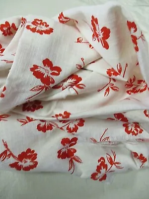 Vintage White Linen Fabric With Red Flowers - 43  X 2 1/2 Yards • $35