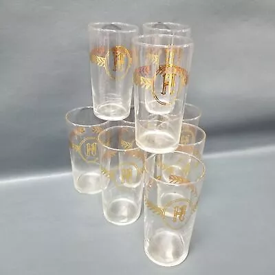 9 Vintage LIBBEY Drinking Barware Glasses Gold Laurel Trim Letter H 5 1/4  • $15