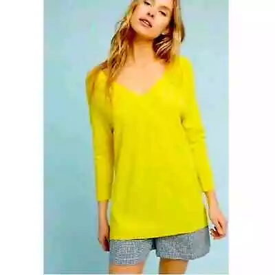Anthropologie Moth Bright Yellow Merino Wool V Neck Sweater Size Medium • $20