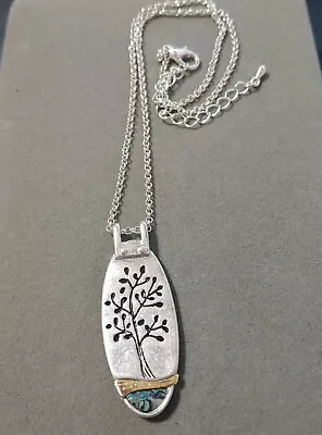 Silver Tone Tree Of Life Etched Abalone Shell Oval Pendant Necklace 16 -18  • $20