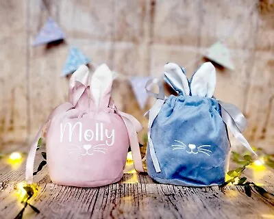 Personalised Easter Bunny Bag. Rabbit Ears Velvet Bag 15x12cm Pink Red Or Blue • £4.99