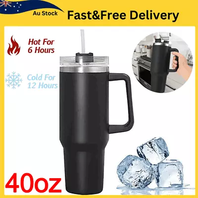 Large Capacity Stainless Steel Thermos Bottle 40oz Roller Straw Cover Coffee Cup • $25.90
